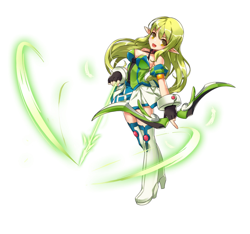 1girl arrow_(projectile) bare_shoulders belt belt_buckle belt_collar black_belt black_gloves blue_sleeves boots bow_(weapon) bracelet breasts buckle checkered_sleeves cleavage collar criss-cross_straps detached_sleeves elf elsword energy_arrow feathers fingerless_gloves full_body game_cg gloves gold_armlet green_eyes green_hair green_shirt green_sleeves hair_between_eyes happy high_heel_boots high_heels highres holding holding_arrow holding_bow_(weapon) holding_weapon jewelry large_breasts leaning_back light_blush long_hair looking_at_viewer low_neckline miniskirt official_art open_mouth pleated_skirt pointy_ears puffy_short_sleeves puffy_sleeves rena_erindel ress second-party_source shirt short_sleeves sidelocks skirt sleeveless sleeveless_shirt smile solo standing tachi-e tareme thigh_boots transparent_background two-tone_sleeves very_long_hair weapon white_boots white_skirt wind
