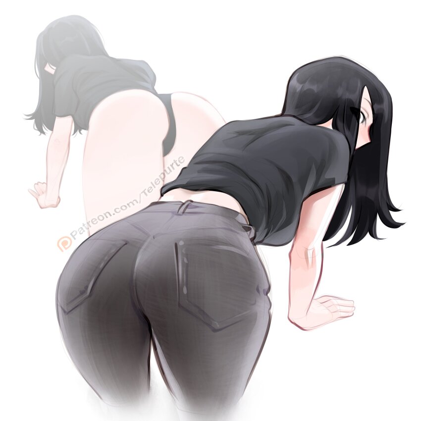 1girl absurdres artist_name ass black_hair black_panties black_shirt breasts commentary cropped_legs english_commentary from_behind grey_pants highres leaning_forward long_hair medium_breasts midriff multiple_views no_pants original panties pants patreon_logo patreon_username shirt simple_background telepurte underwear white_background