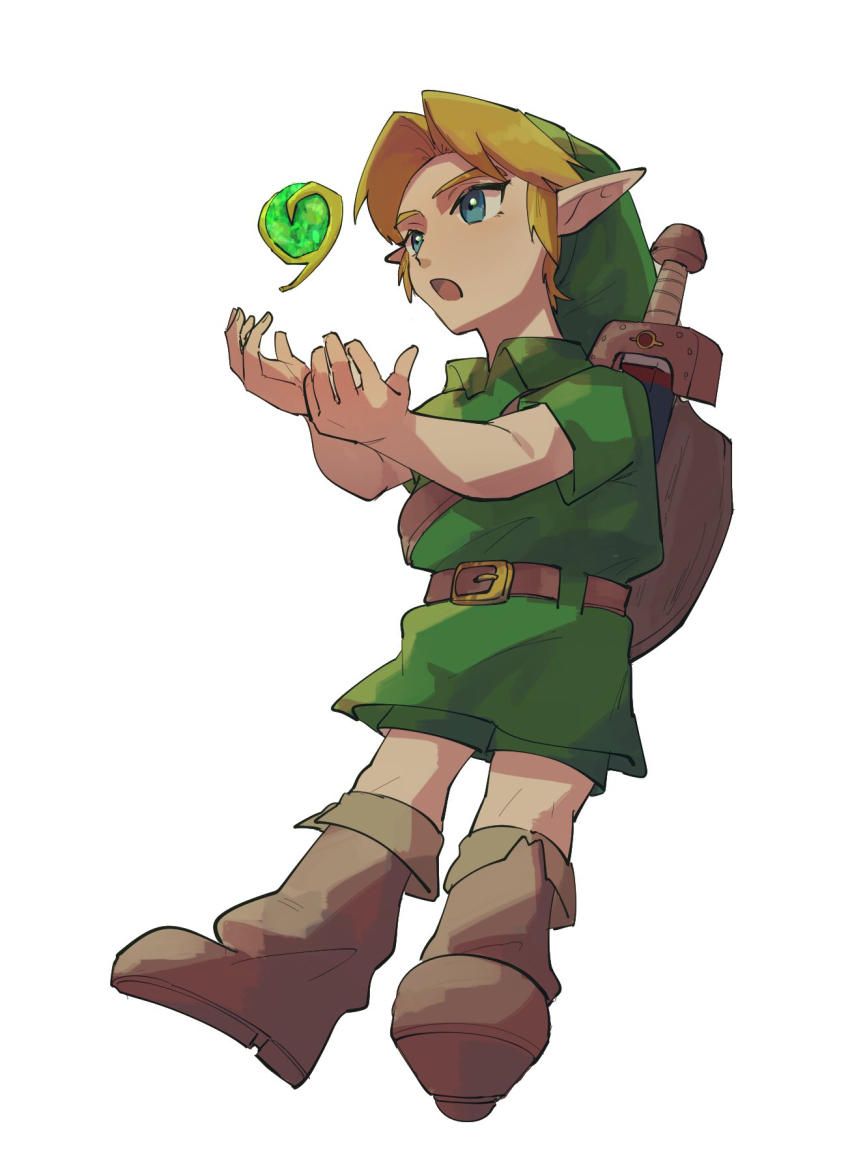 1boy belt blonde_hair blue_eyes boots brown_belt brown_boots commentary_request deku_shield full_body gem green_gemstone green_hat green_tunic hat highres kokiri_sword link nintendo outstretched_arms shield shield_on_back simple_background solo sword sword_on_back the_legend_of_zelda the_legend_of_zelda:_ocarina_of_time tunic weapon weapon_on_back white_background wooden_shield yamori_(yamoooon21) young_link