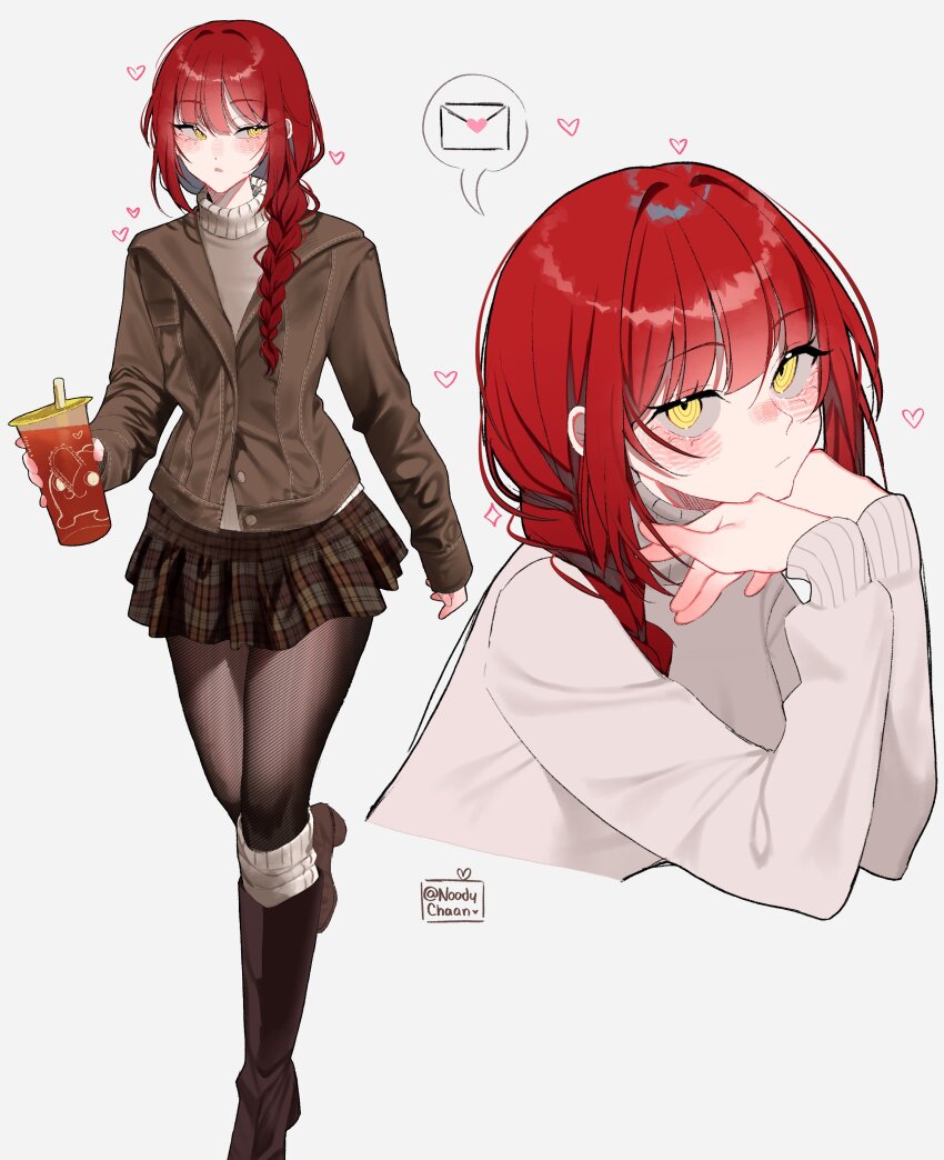1girl absurdres blush boots braid braided_ponytail brown_boots brown_jacket brown_pantyhose brown_skirt buttons chainsaw_man closed_mouth commentary drink drinking_straw english_commentary heart highres holding holding_drink image_in_speech_bubble jacket knee_boots kneehighs layered_clothes layered_legwear letter long_hair looking_at_viewer looking_to_the_side love_letter makima_(chainsaw_man) miniskirt multiple_views noodychaan pantyhose parted_lips plaid_clothes plaid_skirt pochita_(chainsaw_man) red_hair ringed_eyes simple_background skirt socks sparkle sweater turtleneck turtleneck_sweater twitter_username walking white_background yellow_eyes