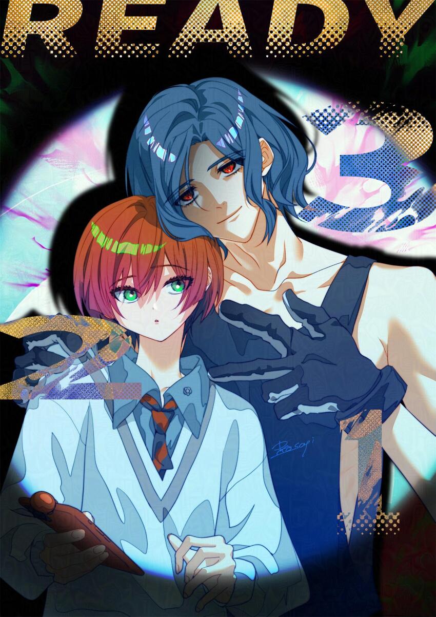 1boy 1girl amate_yuzuriha aqua_eyes blue_hair collared_shirt commentary english_text gloves gundam gundam_gquuuuuux hashtag-only_commentary highres holding holding_phone long_sleeves looking_at_viewer necktie open_mouth phone red_eyes red_hair sagi school_uniform shirt short_hair shuji_ito sleeveless smile spotlight sweater tank_top upper_body