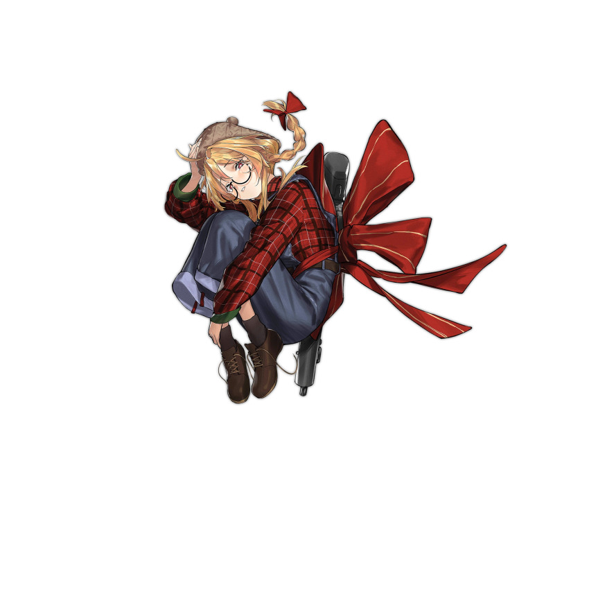 1girl assault_rifle birdcage_flash_hider blonde_hair blush breasts brown_shoes bullpup burst_fire_gun burst_fire_rifle double-stack_magazine double-stack_single-feed_magazine full_body girls&#039;_frontline gun gun_on_back hair_ribbon hat highres holding large_breasts long_gun long_hair lu_yin magazine_(weapon) muzzle_device needlegun official_alternate_costume official_art personification pink_eyes plaid_clothes plaid_shirt prototype_design ribbon rifle s-acr_(girls&#039;_frontline) s-acr_(make_a_sweet_wish)_(girls&#039;_frontline) shirt shoelaces shoes single-feed_magazine solo standing steyr_acr steyr_arms translucent untied_shoelaces weapon weapon_on_back