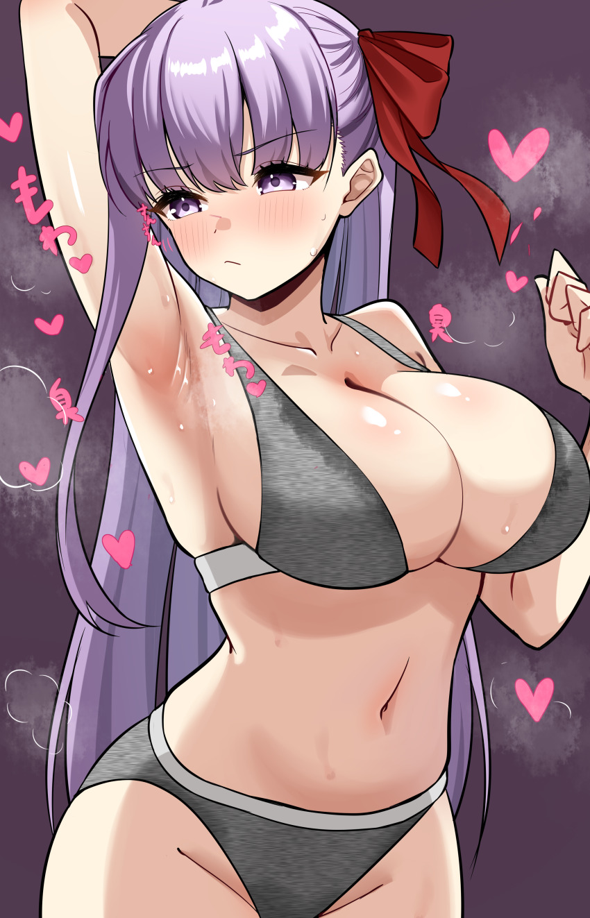 1girl absurdres arm_behind_head arm_up armpits bare_shoulders bb_(fate) black_panties black_sports_bra blush breasts cleavage collarbone fate/grand_order fate_(series) hair_ribbon highres large_breasts long_hair looking_to_the_side navel okome_(pixiv108949149) panties purple_eyes purple_hair red_ribbon ribbon solo sports_bra sweat thighs underwear