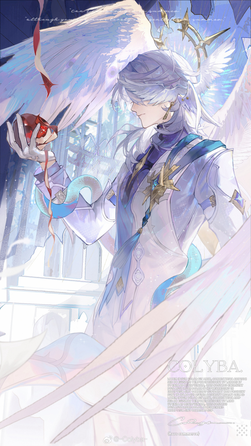 1boy absurdres apple apple_peel artist_name blue_vest brooch chinese_commentary church closed_mouth coat colyba covered_eyes cowboy_shot earrings expressionless eye_symbol feathered_wings food from_side fruit gloves gold_earrings grey_hair hair_between_eyes halo halo_behind_head head_wings highres holding holding_food holding_fruit honkai:_star_rail honkai_(series) indoors jewelry long_sleeves male_focus medium_hair pants piercing profile purple_shirt ruins shirt snake snake_wrapped_around_arm snake_wrapped_around_body solo spiked_halo standing sunday_(honkai:_star_rail) tassel turtleneck vest watermark weibo_watermark white_coat white_gloves white_pants white_wings wing_piercing wings
