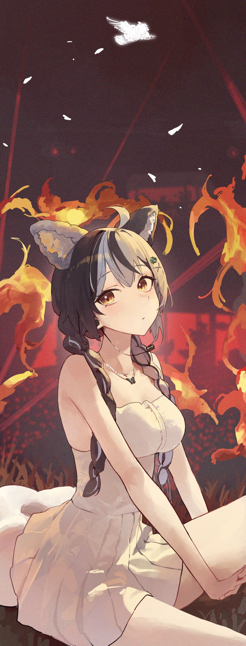 1girl absurdres ahoge animal_ears bare_arms bare_shoulders black_hair braid breasts dress hand_on_own_leg highres long_hair looking_at_viewer mac_star medium_breasts multicolored_hair original pleated_dress sleeveless sleeveless_dress solo split-color_hair twin_braids twintails white_dress white_hair yellow_eyes