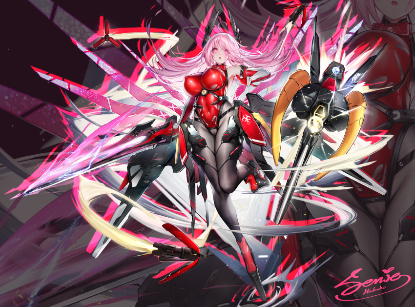 1girl ahoge artist_name bare_shoulders black_pantyhose covered_erect_nipples covered_navel crosscore dk.senie elbow_gloves floating_hair full_body gloves hair_over_one_eye headgear highres impossible_clothes impossible_leotard leotard mecha_musume pantyhose pink_eyes pink_hair platform_footwear red_footwear science_fiction solo standing standing_on_one_leg white_gloves