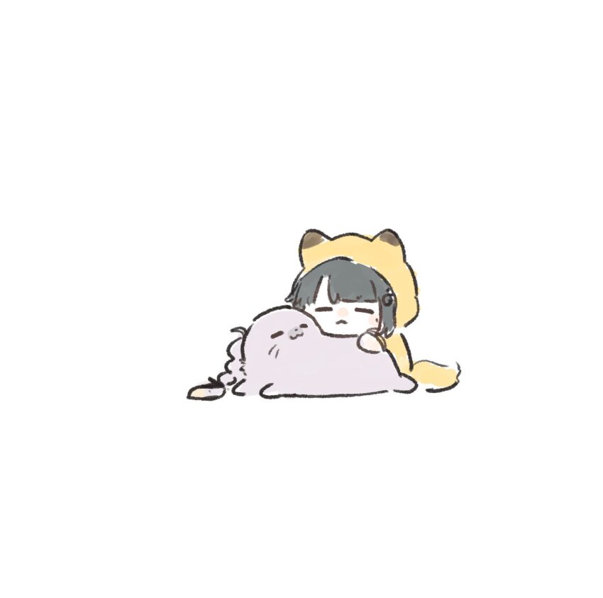 1girl :&lt; :3 animal_ears animalization anyoji_hime ao_kaeru black_hair blunt_bangs blunt_ends closed_eyes closed_mouth commentary flower_knot fox_ears fox_tail highres holiday_holiday_(love_live!) holiday_holiday_(tenko)_(love_live!) hood hood_up hoodie leaning_on_animal link!_like!_love_live! love_live! momose_ginko multi-tied_hair official_alternate_costume ponytail seal_(animal) short_hair tail virtual_youtuber yellow_hoodie