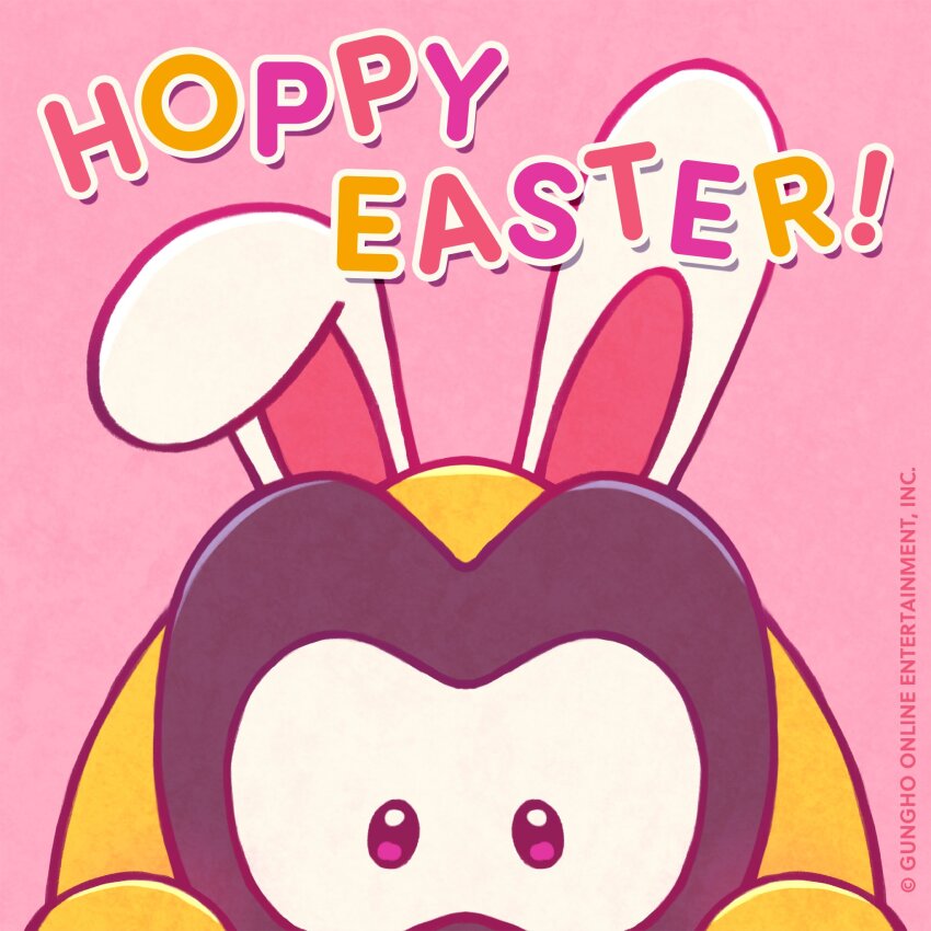 ! 1girl animal_ears anime_coloring artist_request close-up commentary company_name copyright_name copyright_notice creature easter english_commentary english_text gumchi gungho highres looking_at_viewer ninjala no_humans official_art outline pink_background pun purple_eyes purple_outline rabbit_ears second-party_source single_ear_down