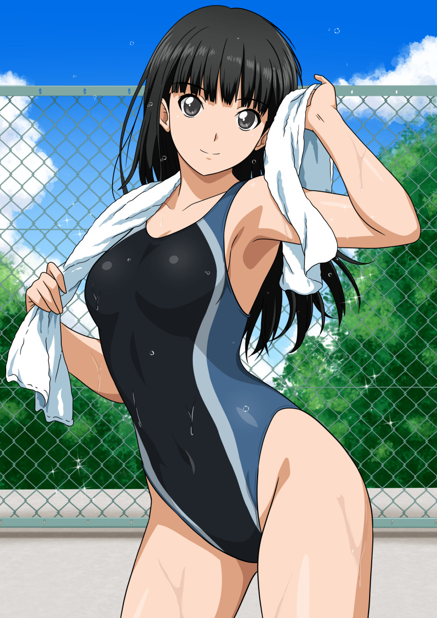 1girl absurdres amagami armpits ayatsuji_tsukasa black_eyes black_hair black_one-piece_swimsuit blue_one-piece_swimsuit blunt_bangs breasts chain-link_fence cleavage closed_mouth collarbone competition_swimsuit covered_navel fence groin hand_up highleg highleg_one-piece_swimsuit highres long_hair one-piece_swimsuit outdoors small_breasts solo straight_hair swimsuit towel towel_around_neck two-tone_one-piece_swimsuit wet yuuyuu_(3jjbn)
