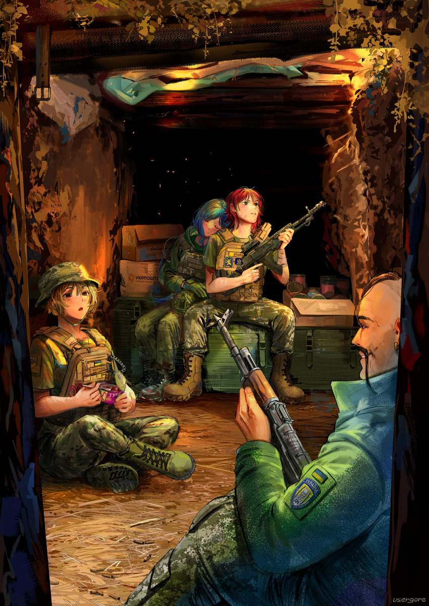 2024 2boys 2girls absurdres akm an-94 androgynous assault_rifle azov_battalion bulletproof_vest can canned_fish canned_food canned_tuna combat_uniform cossack_(polish_anon) field_ration fish_(food) gun head_on_another&#039;s_shoulder highres holding holding_gun holding_weapon international_legion_of_ukraine kalashnikov_rifle kenneth_del_duca kraken_(japanon) kraken_regiment long_hair marichka military military_combat_uniform military_uniform multiple_boys multiple_girls original oseledets red_hair rifle russo-ukrainian_war sich_battalion tin_(container) trap trench trigger_discipline tuna ukraine ukrainian_flag ukrainian_text usergore weapon