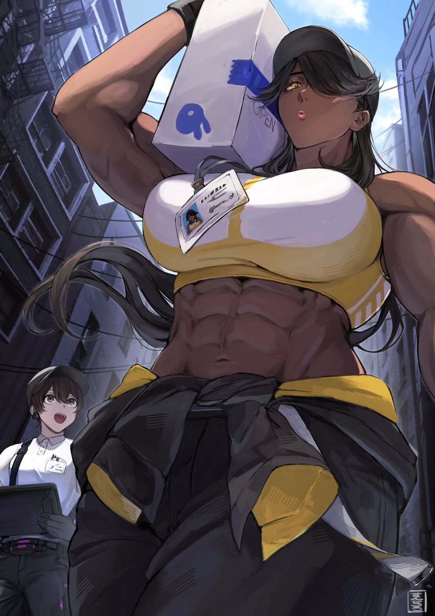 2girls abs black_hair blue_sky box breasts brown_eyes brown_hair building crop_top dark-skinned_female dark_skin delivery employee_uniform from_below hair_over_one_eye hat highres holding holding_box id_card jacket lanyard large_breasts looking_at_another multiple_girls muscular muscular_female navel open_mouth original package peaked_cap shirt short_hair sky sunsirou tied_jacket white_shirt yellow_eyes