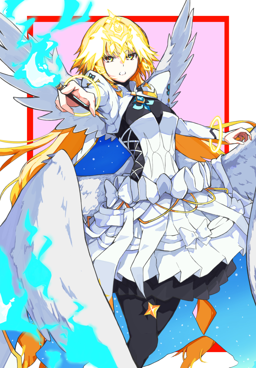 1girl angel_wings black_pantyhose blonde_hair breasts dress fate/grand_order fate_(series) headpiece highres jeanne_d&#039;arc_(fate) kamesan231 long_hair long_sleeves looking_at_viewer metatron_jeanne_(fate) metatron_jeanne_(third_ascension)_(fate) multiple_wings pantyhose solo wings yellow_eyes