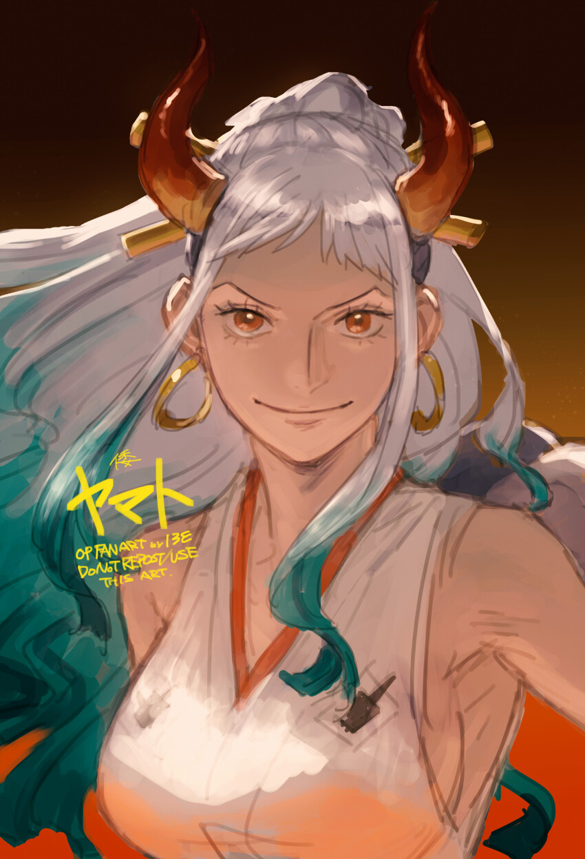 1girl absurdres breasts closed_mouth earrings eyelashes gradient_background gradient_hair highres horns jewelry large_breasts long_hair looking_at_viewer multicolored_hair one_piece plytometo red_eyes sideboob sleeveless smile solo upper_body yamato_(one_piece)