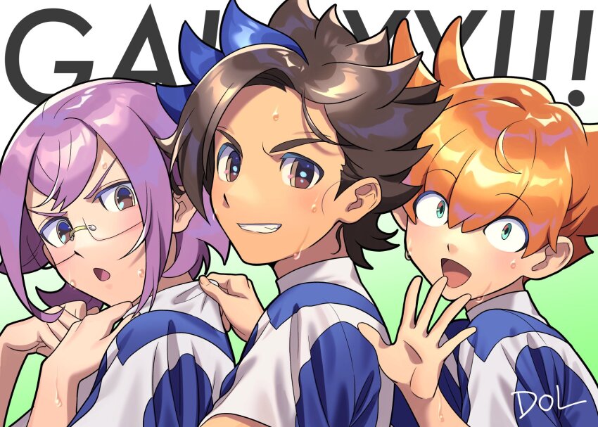 3boys aqua_eyes blue_hair brown_eyes brown_hair dolustoy from_side glasses highres inazuma_eleven_(series) inazuma_eleven_go inazuma_eleven_go_galaxy inazuma_japan looking_at_viewer male_focus manabe_jin&#039;ichirou matatagi_hayato minaho_kazuto multicolored_hair multicolored_shirt multiple_boys open_mouth orange_hair purple_hair soccer_uniform spiked_hair sportswear sweat two-tone_background