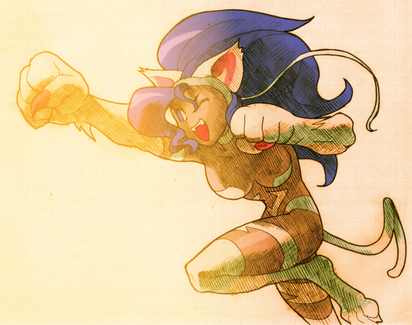 1girl :d animal_ears animal_hands bengus big_hair blue_eyes blue_hair body_fur breasts capcom cat_ears cat_girl cat_paws cat_tail claws clenched_hands darkstalkers facing_to_the_side felicia_(darkstalkers) fighting_stance game_cg highres large_breasts leg_up long_hair marvel_vs._capcom marvel_vs._capcom_2 non-web_source official_art open_mouth outstretched_arms scan sidelighting simple_background smile solo tail white_fur