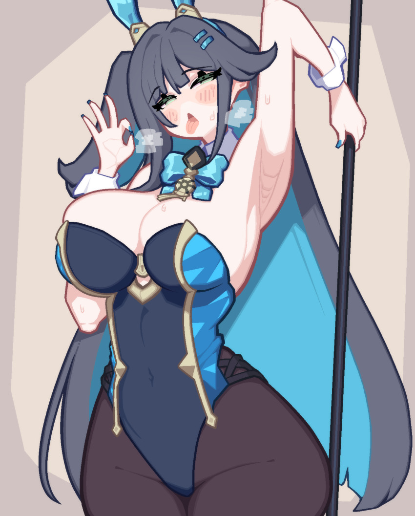1girl abigail_(black_survival) animal_ears arm_up armpit_crease armpits bare_shoulders black_hair black_survival blue_hair blush bori_(3910234) bow bowtie breasts cleavage colored_inner_hair covered_navel cowboy_shot detached_collar eternal_return:_black_survival fellatio_gesture green_eyes hair_ornament hairband hairclip half-closed_eyes highleg highleg_leotard highres holding holding_polearm holding_weapon large_breasts leotard long_hair looking_at_viewer multicolored_hair nail_polish official_alternate_costume one_side_up pantyhose playboy_bunny polearm sexually_suggestive sidelocks solo standing sweat tongue tongue_out very_long_hair weapon wrist_cuffs