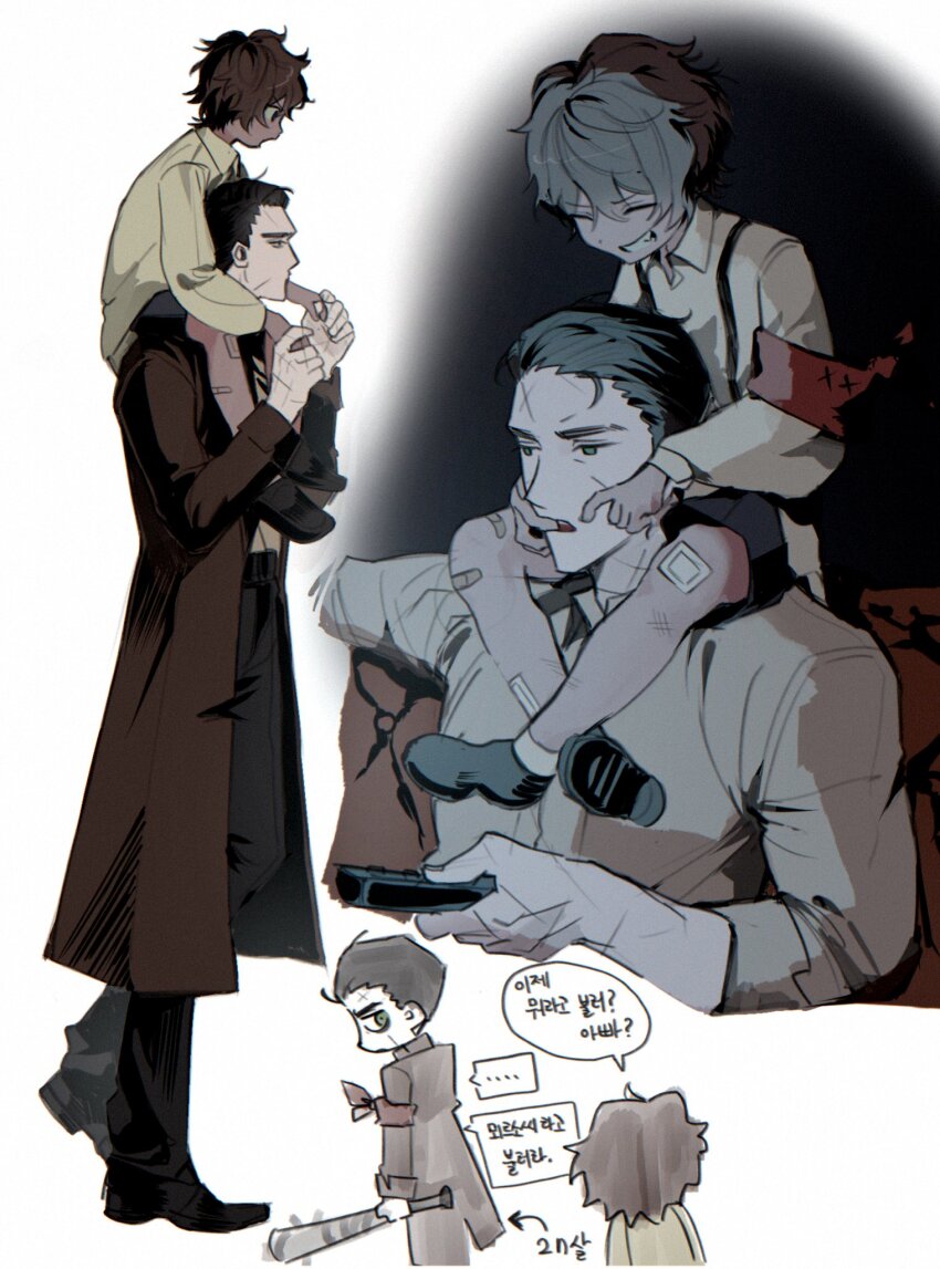 2boys aged_down armband black_hair black_shoes black_shorts brown_coat brown_hair chanil_(muexlku) closed_eyes coat crossed_legs dark-skinned_male dark_skin dead_rabbits_(identity)_(project_moon) green_eyes grin hair_slicked_back heathcliff_(project_moon) highres korean_text limbus_company long_sleeves male_focus meursault_(project_moon) multiple_boys open_mouth project_moon red_armband shirt shoes shorts sitting_on_shoulder smile speech_bubble translation_request white_shirt