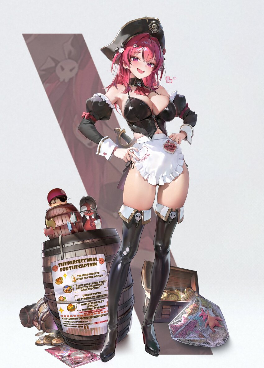 1girl absurdres apron bird black_corset black_footwear black_thighhighs breasts cleavage commentary_request corset detached_collar detached_sleeves dfm_(darknessdfm) fang full_body glasses goddess_of_victory:_nikke hands_on_own_hips hat high_heels highres large_breasts long_hair long_sleeves looking_at_viewer maid maid_apron mast_(nikke) mast_(romantic_maid)_(nikke) morgan_(nikke) navel navel_peek official_art onejoy open_mouth panties parrot pink_eyes pink_hair pirate_hat round_eyewear short_twintails skin_fang smile solo standing sword thighhighs twintails underwear weapon white_apron wrist_cuffs