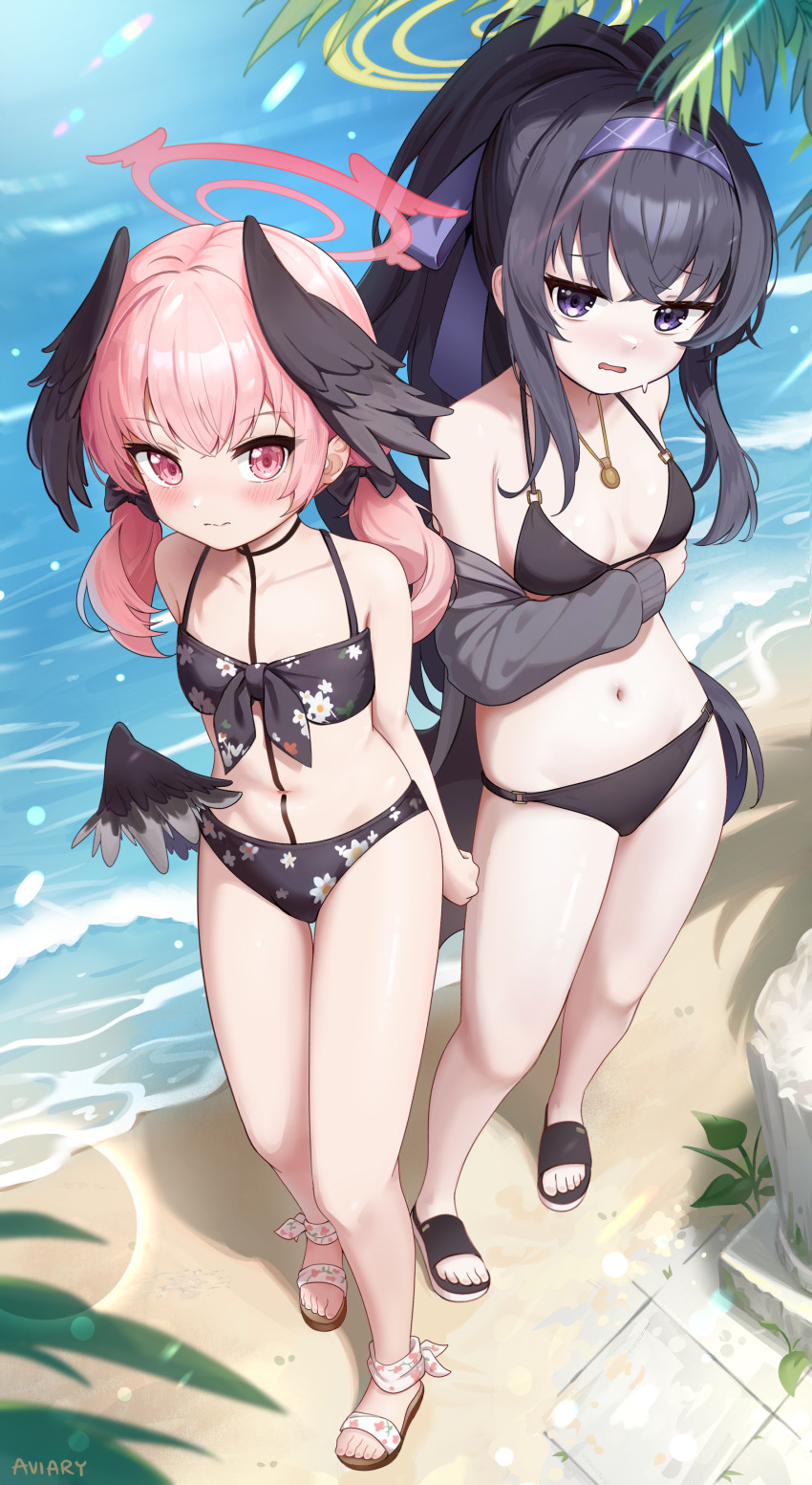 2girls absurdres aviary bikini black_bikini black_bow black_hair blue_archive blush bow breasts closed_mouth day floral_print_bikini hair_bow hairband halo highres koharu_(blue_archive) koharu_(swimsuit)_(blue_archive) loli long_hair looking_at_viewer low_wings multiple_girls navel open_mouth outdoors pink_eyes pink_hair purple_eyes purple_hairband red_halo sandals shore small_breasts standing swimsuit ui_(blue_archive) ui_(swimsuit)_(blue_archive) very_long_hair water wings