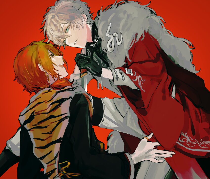2boys absurdres animal_print black_gloves black_jacket blue_eyes commentary dagger earrings ensemble_stars! fm6fu4w94 fur-trimmed_jacket fur_trim gloves green_eyes grey_hair highres holding holding_dagger holding_knife holding_weapon jacket jewelry knife looking_at_another male_focus medium_hair multiple_boys official_alternate_costume orange_hair red_background red_jacket ring sena_izumi_(ensemble_stars!) short_hair side_ponytail simple_background smile symbol-only_commentary tiger_print tsukinaga_leo weapon