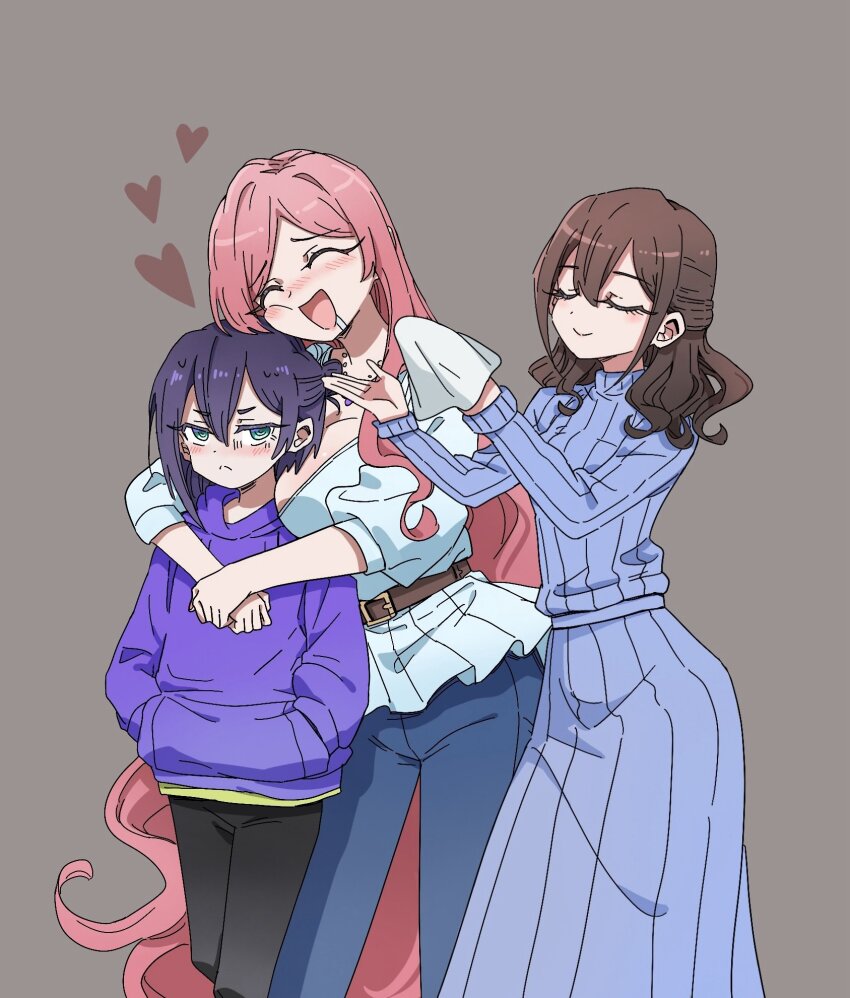 3girls :&lt; :d ^_^ annoyed belt black_pants blue_pants blue_sweater blush breasts brown_hair cheek_press closed_eyes commentary dalidari27 dress drooling female_focus frown green_eyes grey_background hair_between_eyes half_updo hanazono_hahari handkerchief hands_in_pocket haraga_kurumi hashtag-only_commentary heart highres holding holding_handkerchief hood hood_down hoodie hug hug_from_behind jewelry kimi_no_koto_ga_dai_dai_dai_dai_daisuki_na_100-nin_no_kanojo large_breasts long_hair long_sleeves mature_female meido_mei multiple_girls necklace nose_blush open_mouth pants parted_bangs pink_hair purple_hair purple_hoodie ribbed_dress ribbed_sweater shirt simple_background smile sweater sweater_dress turtleneck turtleneck_dress turtleneck_sweater very_long_hair white_shirt