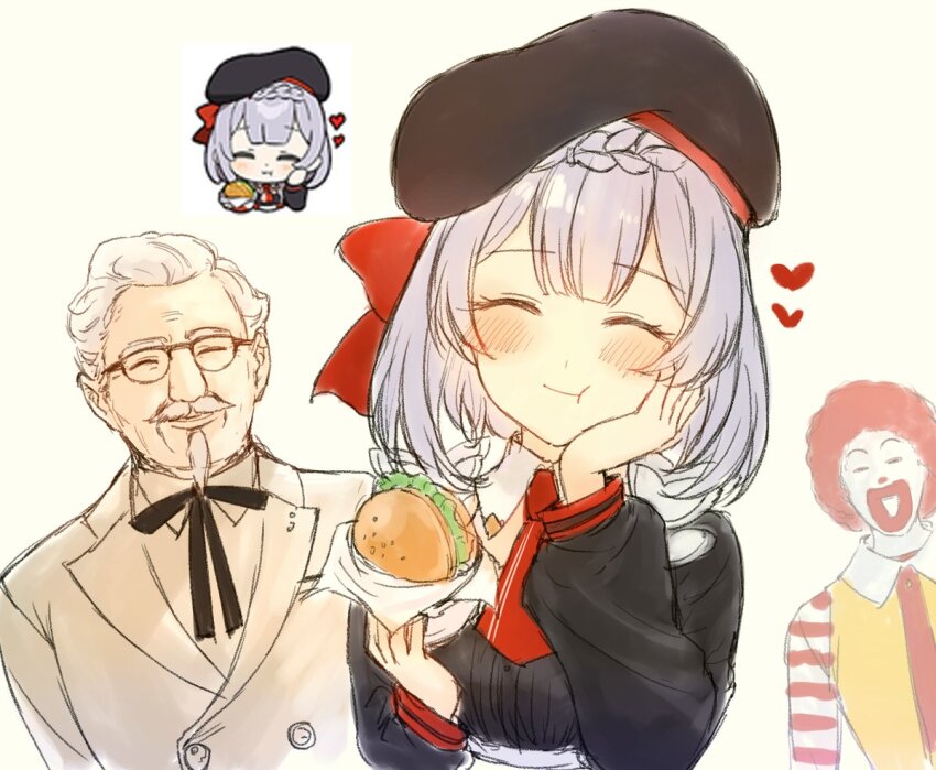 1girl 2boys afro beret black_headwear braid braided_bangs burger clown clown_boy colonel_sanders eating facial_hair food genshin_impact genshin_impact_sticker_redraw_(meme) glasses grey_hair hand_on_own_cheek hand_on_own_face hat heart holding holding_food kfc long_sleeves mcdonald&#039;s meme multiple_boys noelle_(genshin_impact) noelle_(kfc)_(genshin_impact) red_hair ronald_mcdonald sbs simple_background smile upper_body yellow_background