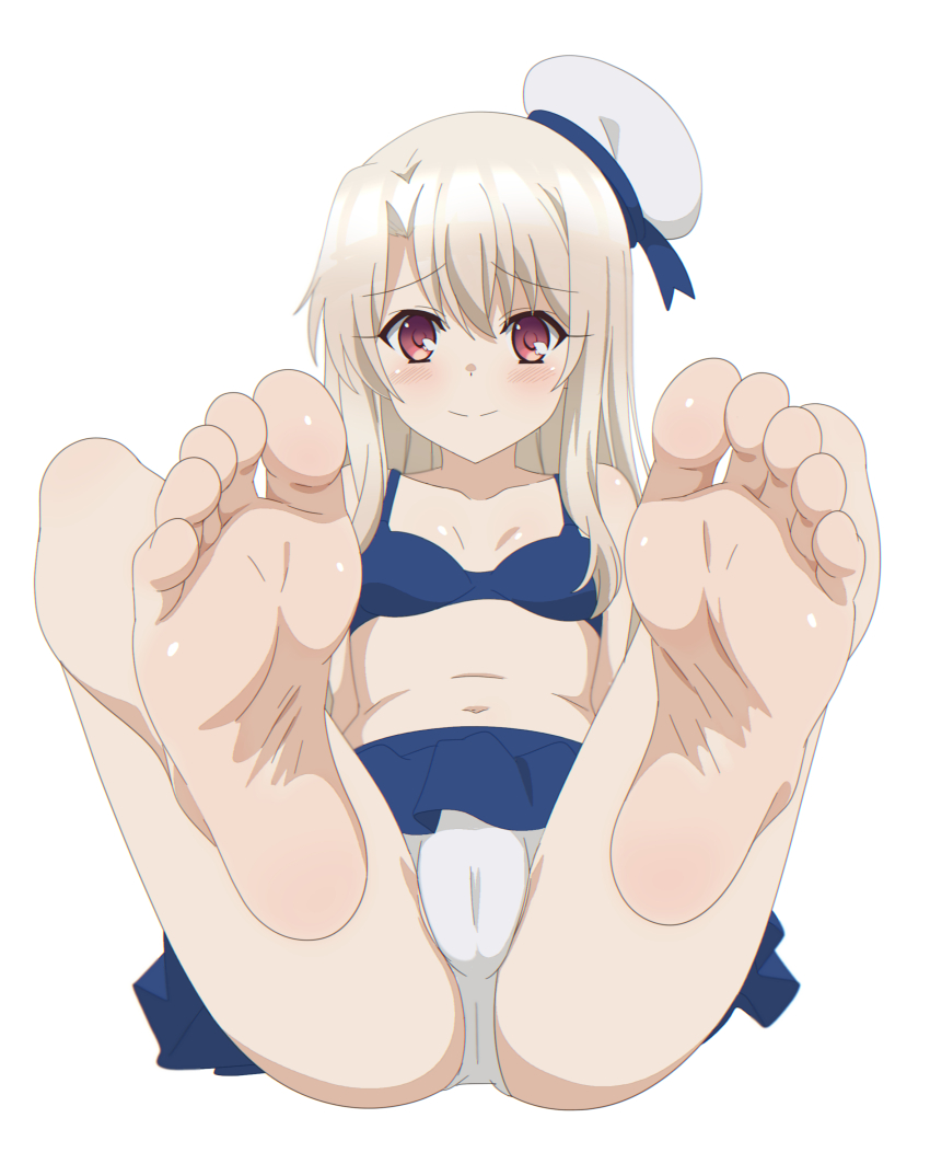 1girl absurdres ass barefoot blue_bra blue_skirt blush bra breasts cameltoe closed_mouth fate_(series) feet foot_focus full_body hair_between_eyes hat highres illyasviel_von_einzbern long_hair looking_at_viewer lying on_back panties red_eyes sailor_hat simple_background skirt small_breasts smile soles solo toes underwear white_background white_hair white_hat white_panties zorzero