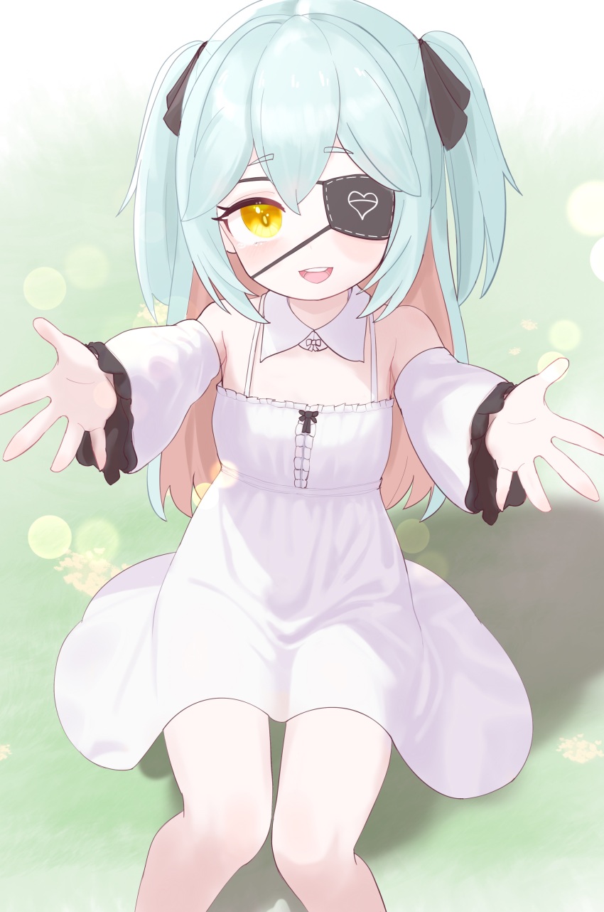 1girl absurdres blue_hair detached_sleeves dress eyepatch green_background hair_between_eyes hair_ribbon highres last_origin light_blue_hair lk149 long_hair looking_at_viewer lrl_(last_origin) multicolored_hair open_mouth outstretched_arms pink_hair ribbon simple_background sitting solo two-tone_hair white_dress white_sleeves yellow_eyes