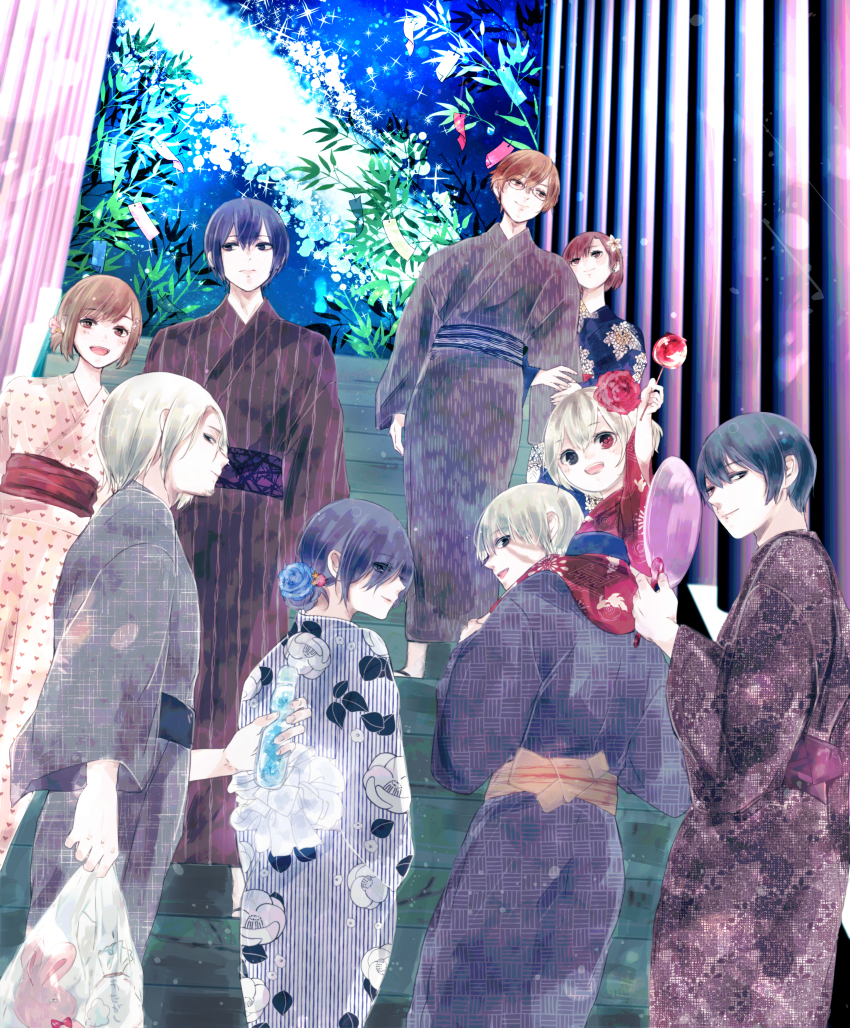 4girls 5boys :d absurdres aqua_hair arm_up bad_id bad_pixiv_id black_hair blue_eyes blue_flower blue_hair blue_rose bottle brown_eyes brown_hair candy_apple commentary_request flower food from_behind fueguchi_hinami glasses grey_hair hair_bun hair_flower hair_ornament hand_up highres holding holding_bottle holding_food huge_filesize japanese_clothes kaneki_ichika kaneki_ken kimono kirishima_ayato kirishima_touka kotochi_re looking_at_another looking_at_viewer looking_back multiple_boys multiple_girls nishino_kimi nishio_nishiki obi open_mouth rose sash short_hair single_hair_bun smile stairs tokyo_ghoul tokyo_ghoul:re tsukiyama_shuu yomo_renji yukata
