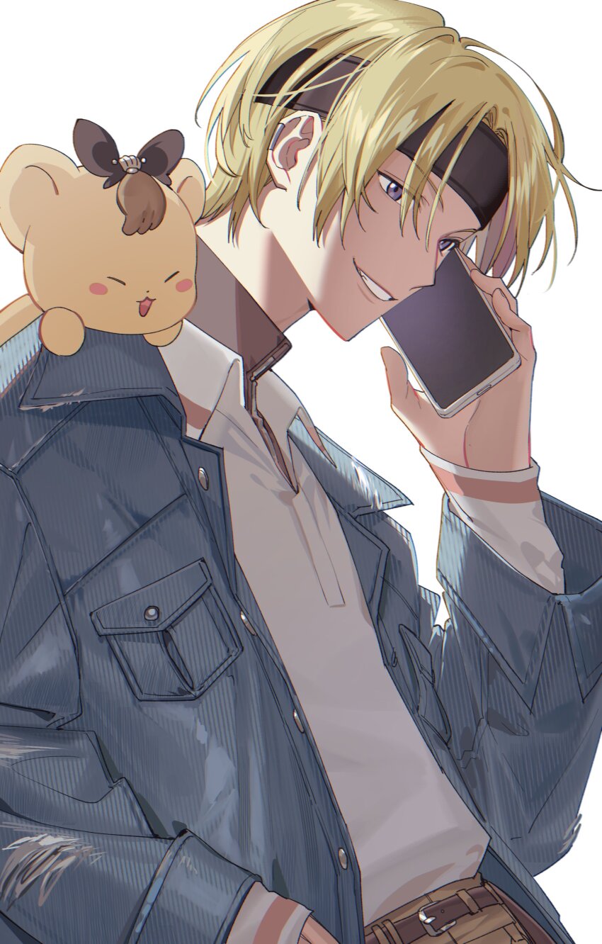 1boy absurdres belt belt_buckle black_headband black_shirt blonde_hair blue_jacket brown_belt buckle cellphone collared_jacket collared_shirt commentary denim denim_jacket earclip english_commentary fang grin hand_up headband highres holding holding_phone jacket kaohom503 long_sleeves luca_kaneshiro luca_kaneshiro_(5th_costume) lucub_(luca_kaneshiro) male_focus nijisanji nijisanji_en official_alternate_costume official_alternate_hairstyle on_shoulder open_clothes open_jacket parted_bangs phone pocket purple_eyes shirt short_hair simple_background sleeves_past_wrists smartphone smile solo teeth torn_clothes torn_jacket turtleneck virtual_youtuber white_background white_shirt
