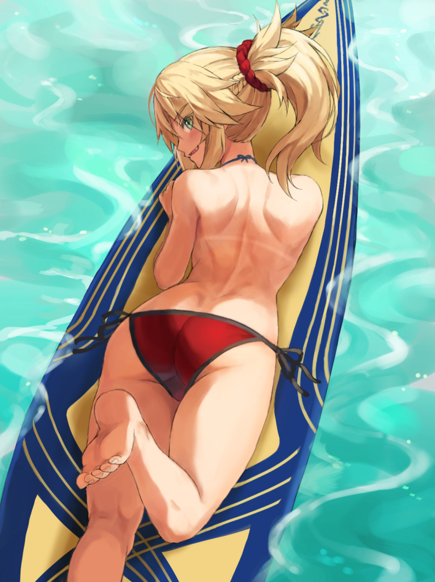 1girl ass back bare_shoulders bikini blonde_hair braid breasts fate/grand_order fate_(series) green_eyes hair_ornament hair_scrunchie half_up_braid highres long_hair looking_at_viewer looking_back mordred_(fate) mordred_(fate/apocrypha) mordred_(swimsuit_rider)_(fate) mordred_(swimsuit_rider)_(first_ascension)_(fate) open_mouth parted_bangs ponytail prydwen_(fate) red_bikini revision scrunchie sidelocks small_breasts smile solo surfboard swimsuit tonee water