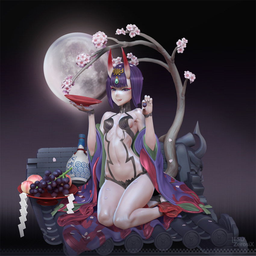 1girl 3d :p alcohol architecture artist_name bare_shoulders bottle breasts bridal_gauntlets cherry_blossoms commentary covered_erect_nipples cup east_asian_architecture fate/grand_order fate_(series) female_focus food forehead_jewel fruit full_moon grapes highres holding holding_food holding_fruit horns japanese_clothes kimono leslyzerosix moon navel oni open_clothes open_kimono peach petals purple_eyes purple_hair rooftop sakazuki sake sake_bottle seiza short_hair shuten_douji_(fate) shuten_douji_(first_ascension)_(fate) sitting skin-covered_horns small_breasts solo tongue tongue_out yokozuwari