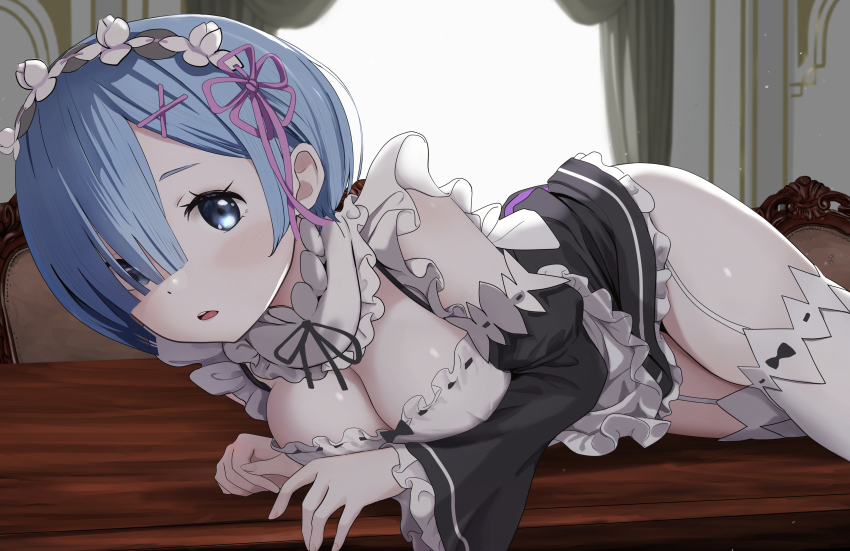 1girl :o absurdres black_ribbon blue_eyes blue_hair breasts detached_sleeves garter_straps gibun_(sozoshu) hair_ornament hair_over_one_eye hair_ribbon highres indoors looking_at_viewer maid maid_headdress medium_breasts neck_ribbon on_table parted_lips pink_ribbon re:zero_kara_hajimeru_isekai_seikatsu rem_(re:zero) ribbon roswaal_mansion_maid_uniform short_hair solo table thighhighs variant_set white_garter_straps white_thighhighs x_hair_ornament