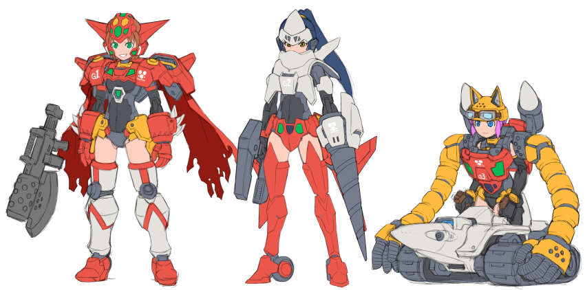 30_minutes_sisters 3girls animal_ear_headwear armored_boots axe backpack bag blue_eyes blue_hair boots brown_eyes brown_hair cape caterpillar_tracks covered_navel doll_joints drill fake_animal_ears frown getter-1 getter-2 getter-3 getter_robo getter_robo_(classic) gloves goggles goggles_on_headwear green_eyes helmet highres holding joints mecha_musume multiple_girls open_hands parody personification pink_hair ponytail red_cape red_footwear red_gloves smile spikes standing style_parody tanimeso thigh_boots thighhighs v-shaped_eyebrows wheel white_background