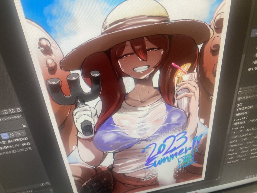 1girl arthropod_girl bikini breasts crab_girl hat large_breasts mon-musu_quest! photo_(medium) red_hair setouchi_(blackse) shirt smile soapy_(mon-musu_quest!) solo sun_hat swimsuit twintails wet wet_clothes wet_shirt white_shirt