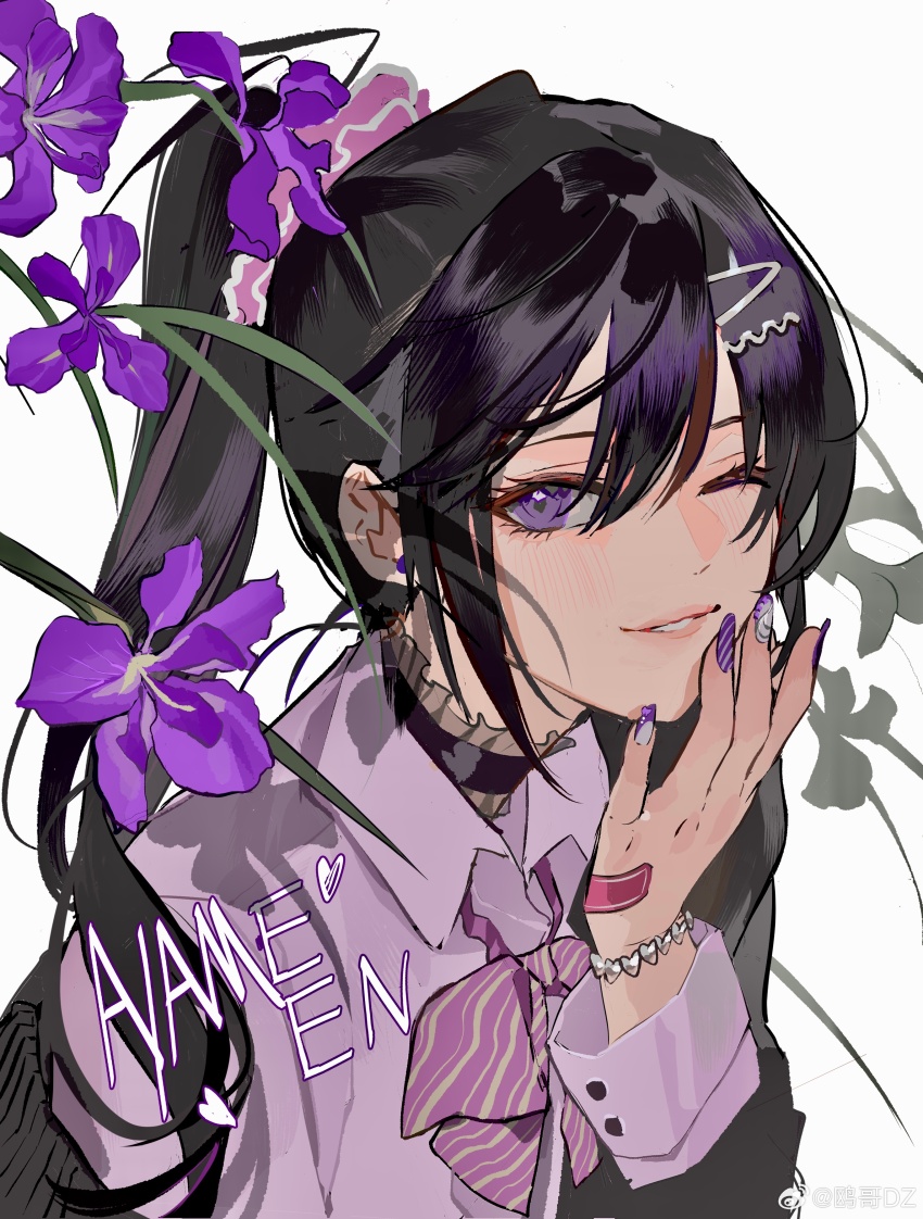 1girl absurdres ayame_en_(ouge_dz) bandaid bandaid_on_hand bead_bracelet beads black_choker black_hair black_jacket bow bowtie bracelet buttons character_name chinese_commentary choker collared_shirt commentary_request earrings eyelashes floral_background flower frilled_choker frills gyaru hair_between_eyes hair_ornament hair_scrunchie hairclip hand_on_own_chin heart_bracelet highres iris_(flower) jacket jacket_partially_removed jewelry layered_sleeves light_blush lips long_hair long_sleeves nail_art nail_polish one_eye_closed original ouge_dz parted_lips pink_lips pink_scrunchie ponytail purple_bow purple_bowtie purple_eyes purple_flower purple_nails purple_shirt scrunchie shirt smile solo striped_bow striped_bowtie striped_clothes stud_earrings teeth upper_body very_long_hair watermark weibo_watermark white_background