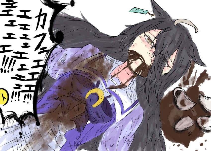 132109chisato 1girl absurdres ahoge black_hair bow broken_cup brown_eyes coffee cup dirty dirty_clothes ear_tag earrings hair_between_eyes highres jewelry long_hair long_hair_between_eyes long_sleeves lying manhattan_cafe_(umamusume) multicolored_hair on_back purple_bow purple_sailor_collar purple_shirt sailor_collar school_uniform shirt single_earring solo speech_bubble spill stained_clothes tracen_school_uniform translation_request umamusume very_long_hair white_hair