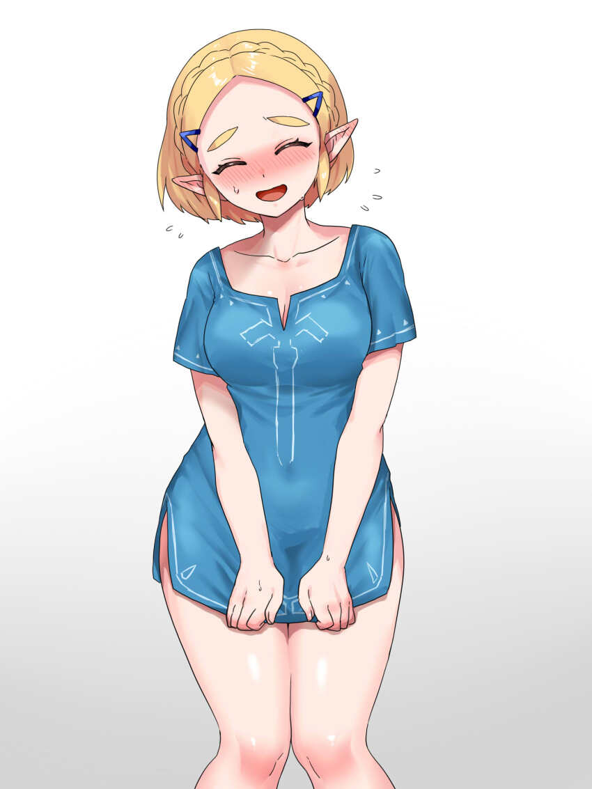 1girl blonde_hair blue_shirt blue_tunic blush bottomless braid breasts champion&#039;s_tunic_(zelda) closed_eyes collarbone commentary_request covered_navel crown_braid facing_viewer feet_out_of_frame flying_sweatdrops gradient_background highres medium_breasts naked_shirt nintendo open_mouth pointy_ears princess_zelda shirt shirt_tug short_hair solo standing sweat the_legend_of_zelda the_legend_of_zelda:_tears_of_the_kingdom thick_thighs thighs tunic wasabi_(legemd) white_background