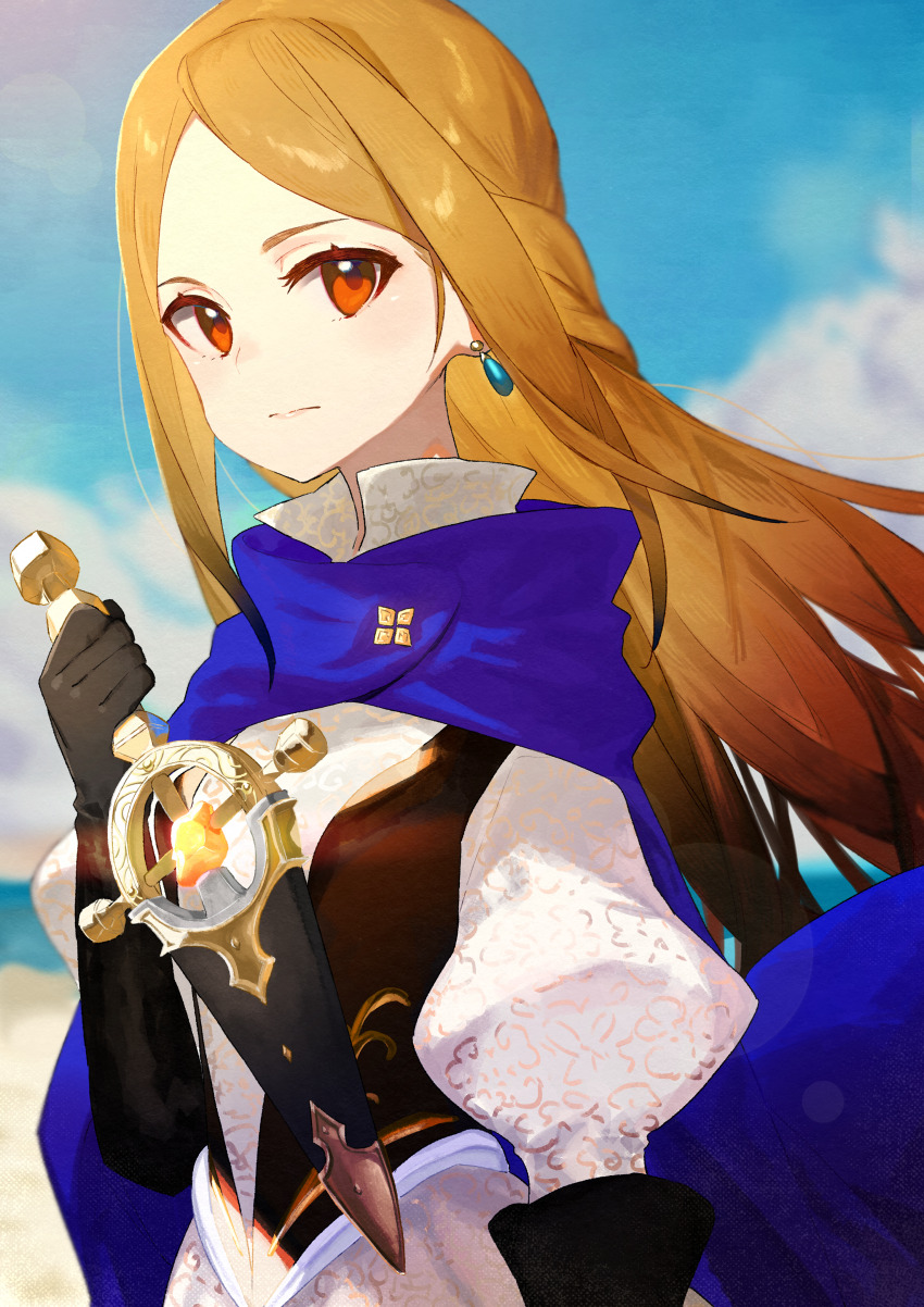 1girl absurdres black_gloves black_vest blonde_hair blue_cape blue_sky bravely_default_(series) bravely_default_ii cape closed_mouth cloud commentary_request day dress earrings elbow_gloves floating_hair gloria_neu_musa gloves hamelon310 highres holding holding_weapon jewelry juliet_sleeves light_rays long_hair long_sleeves looking_at_viewer outdoors puffy_sleeves red_eyes sky solo sunlight vest weapon white_dress