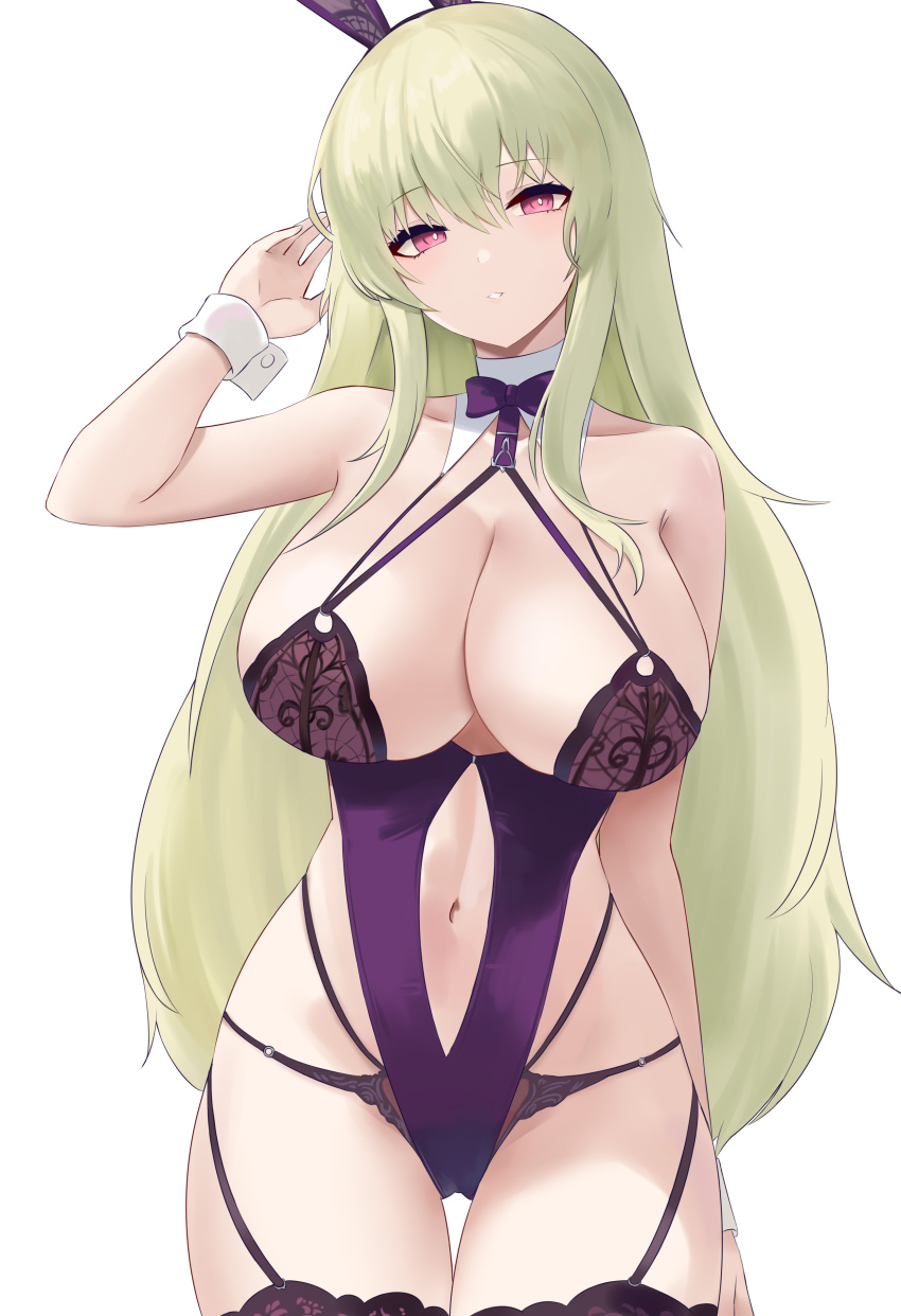 1girl absurdres animal_ears azur_lane breasts clothing_cutout cowboy_shot fake_animal_ears green_hair hair_between_eyes highleg highleg_leotard highres lace lace-trimmed_thighhighs lace_trim large_breasts leotard long_hair looking_at_viewer napoli_(azur_lane) napoli_(dreamy_night)_(azur_lane) navel_cutout o-ring o-ring_bottom o-ring_panties obniermarbiss official_alternate_costume panties panties_under_leotard playboy_bunny purple_leotard purple_thighhighs rabbit_ears red_eyes simple_background solo thighhighs underwear very_long_hair white_background
