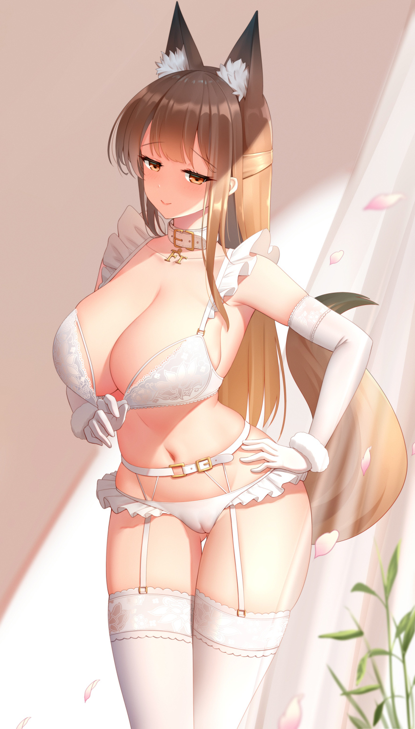 1girl absurdres animal_ear_fluff animal_ears arknights bare_shoulders bikini breasts brown_eyes brown_hair cameltoe chinese_commentary cleavage collar commentary_request cowboy_shot elbow_gloves fox_ears fox_tail franka_(arknights) frills garter_belt gloves gluteal_fold hand_on_own_hip highres laoan large_breasts long_hair looking_at_viewer navel panties panties_over_garter_belt smile solo standing stomach swimsuit tail thighhighs thighs underwear very_long_hair white_bikini white_collar white_gloves white_panties white_thighhighs