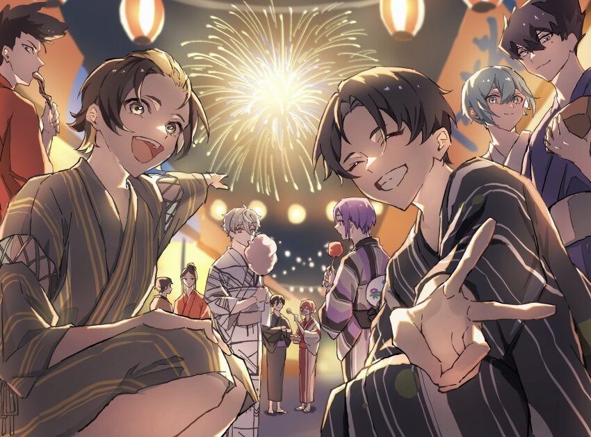 6+boys :d ^_^ bachira_meguru barou_shouei black_eyes black_hair black_kimono blonde_hair blue_hair blue_lock chigiri_hyoma closed_eyes colored_inner_hair cotton_candy fireworks grey_kimono grin highres holding holding_cotton_candy holding_food holding_skewer isagi_yoichi itoshi_rin japanese_clothes karasu_tabito kimono looking_at_viewer male_focus mikage_reo mole mole_under_eye moonlight_121 multicolored_hair multiple_boys nagi_seishirou night open_mouth outdoors pointing profile purple_eyes purple_hair purple_kimono red_kimono short_hair skewer smile squatting standing teeth two-tone_hair v white_hair white_kimono yellow_eyes you_hiori yukata