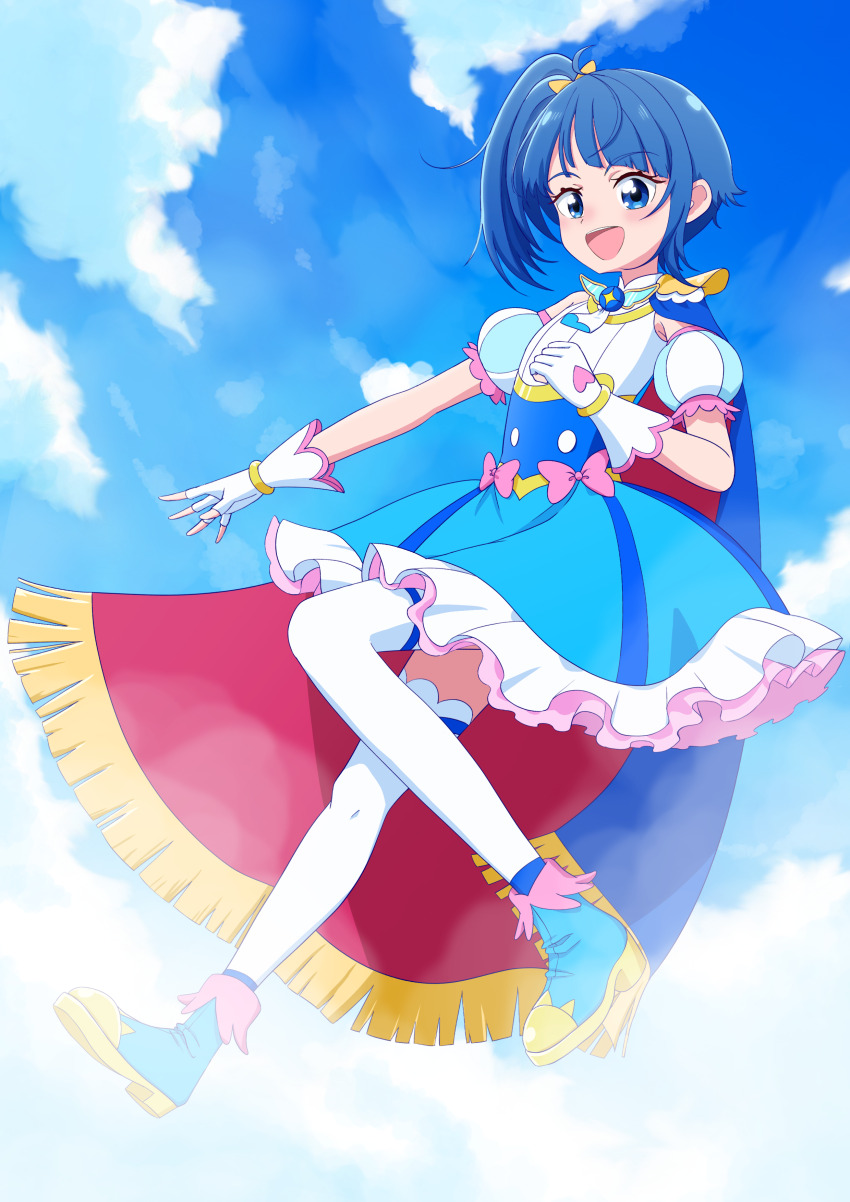 1girl :d absurdres ahoge ankle_boots blue_boots blue_cape blue_dress blue_eyes blue_hair blue_skirt blue_sky boots brooch cape cloud cloudy_sky commentary cosplay cure_sky cure_sky_(cosplay) cut_bangs day dress fingerless_gloves floating frills fringe_trim full_body gloves hair_ornament hair_ribbon highres hirogaru_sky!_precure jewelry leg_up looking_at_viewer magical_girl medium_dress medium_hair one_side_up open_mouth outdoors precure red_cape ribbon self_cosplay sentyouoekaki side_ponytail single_sidelock skirt sky sleeveless sleeveless_dress smile solo sora_harewataru thighhighs two-sided_cape two-sided_fabric white_gloves white_thighhighs wing_hair_ornament yellow_ribbon