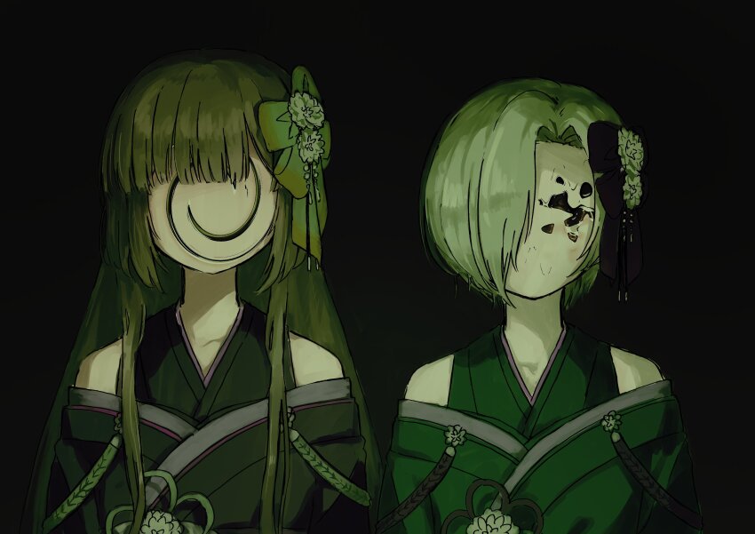 2girls absurdres bare_shoulders black_background black_kimono blonde_hair brown_hair faceless facing_viewer hair_ornament highres hime_cut idolmaster idolmaster_cinderella_girls japanese_clothes kanzashi kimono long_hair multiple_girls pure_556 shirasaka_koume short_hair surreal swirl upper_body yorita_yoshino
