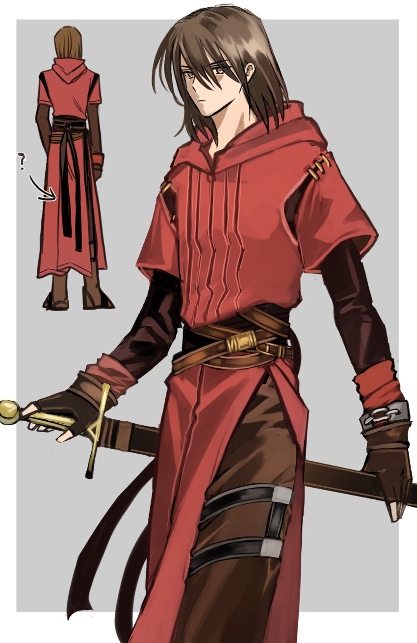 1boy ? arrow_(symbol) belt border brown_eyes brown_hair brown_pants closed_mouth commentary_request fire_emblem fire_emblem:_the_binding_blade grey_background highres holding holding_sword holding_weapon jacket male_focus medium_hair multiple_views nintendo omlililimo outside_border pants red_jacket rutger_(fire_emblem) simple_background standing sword weapon white_border