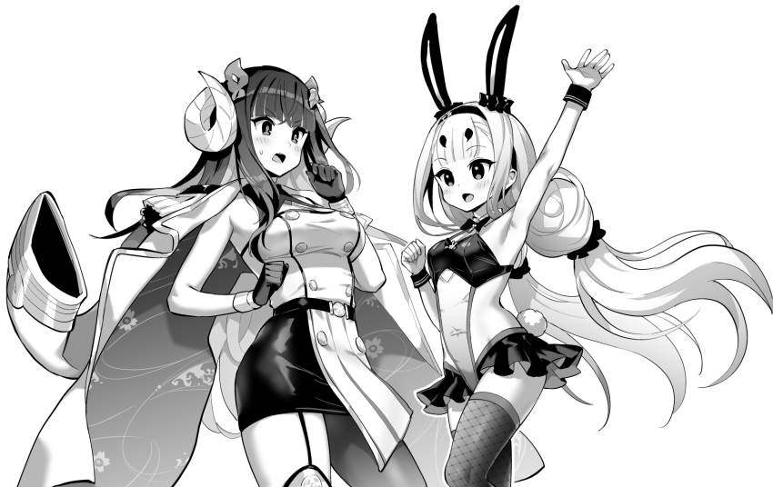 2girls animal_ears arm_up armpits azur_lane azur_lane:_slow_ahead bare_shoulders blunt_bangs blush bow bowtie breasts crop_top dress epaulettes fishnet_legwear fishnets garter_straps gloves greyscale hair_between_eyes highleg highres hori_(hori_no_su) jacket jacket_on_shoulders leotard long_hair medium_breasts monochrome multiple_girls navel official_art pleated_dress ponytail rabbit_ears rabbit_tail shimakaze_(azur_lane) shimakaze_(world&#039;s_speediest_bunny_waitress)_(azur_lane) shirt showgirl_skirt skirt sleeveless sleeveless_dress sleeveless_shirt small_breasts smile suruga_(azur_lane) sweat tail thighhighs translated very_long_hair