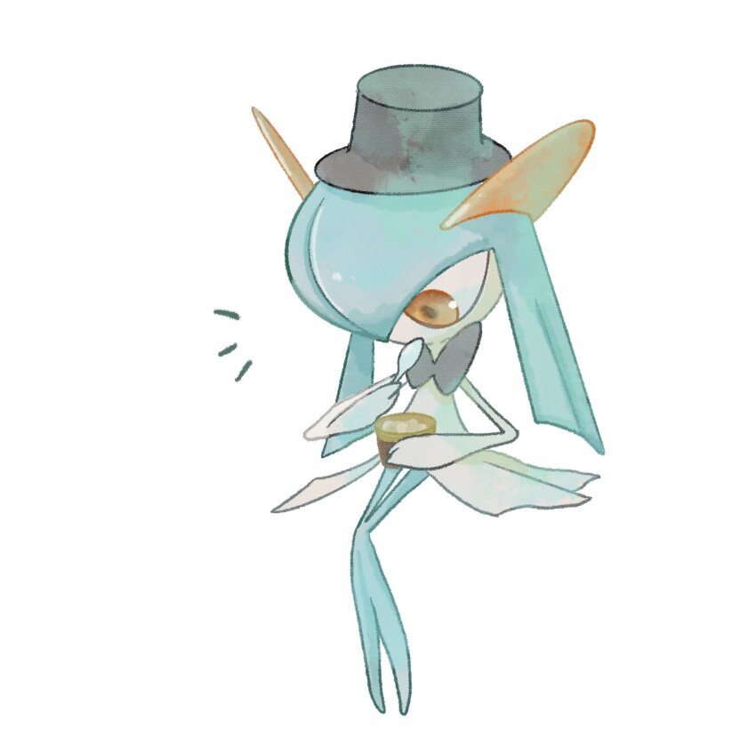 alternate_color black_bow black_hat blue_hair blue_skin bow bowtie colored_skin gen_3_pokemon hat highres horns kirlia multicolored_skin mxlaghrsuk33yws nintendo no_feet pokemon pokemon_(creature) shiny_pokemon sidelocks simple_background two-tone_skin white_background white_skin
