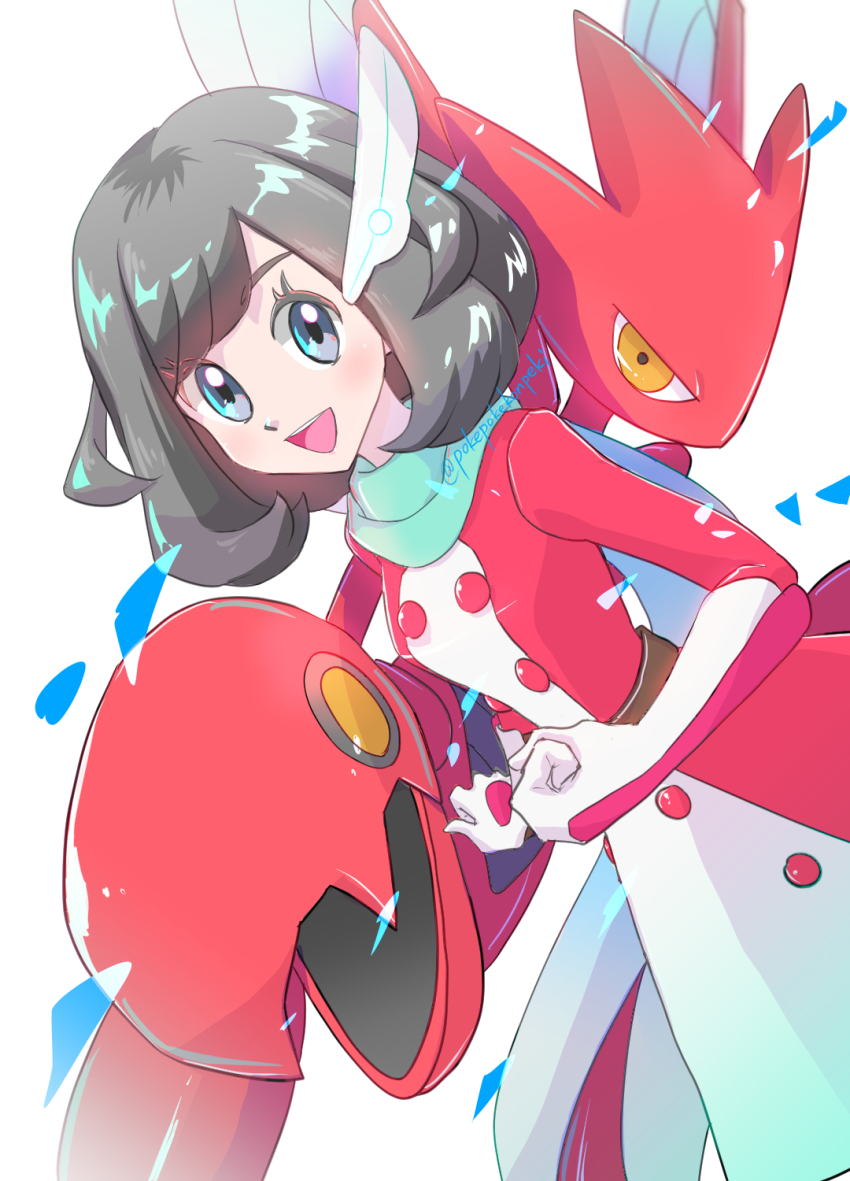 1girl :d black_eyes black_hair clenched_hand commentary_request dress gen_2_pokemon gloves hair_ornament highres long_sleeves looking_at_viewer nintendo official_alternate_costume open_mouth pokemon pokemon_(creature) pokemon_masters_ex pokepokekonpeki red_dress scarf scizor selene_(pokemon) selene_(special_costume)_(pokemon) short_hair smile teeth twitter_username two-tone_dress upper_teeth_only white_background white_dress white_gloves