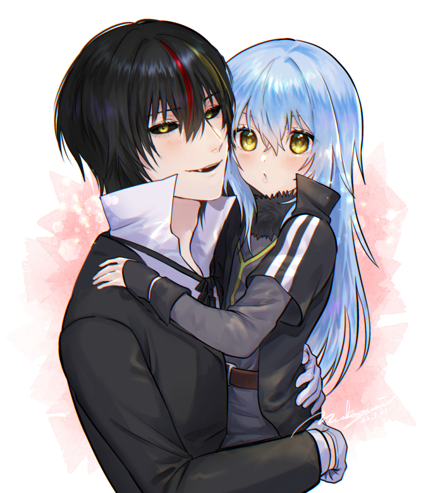 1boy 1other :d aged_down black_hair black_jacket black_ribbon black_sclera blue_hair blush carrying colored_sclera diablo_(tensura) dress fang gloves grey_dress grey_gloves hair_between_eyes highres jacket layered_sleeves long_hair long_sleeves multicolored_hair neck_ribbon nukogami_(minniecatlove21) open_mouth ribbon rimuru_tempest shirt short_hair short_over_long_sleeves short_sleeves smile straight_hair streaked_hair tensei_shitara_slime_datta_ken white_shirt yellow_eyes