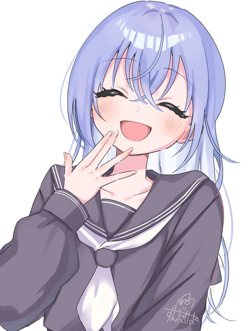 1girl ^_^ blue_hair blush closed_eyes collarbone facing_viewer grey_shirt hand_to_own_mouth highres idolmaster idolmaster_shiny_colors long_hair long_sleeves neckerchief school_uniform serafuku shirt signature smile solo straight_hair suzuki_hana upper_body very_long_hair white_neckerchief zundasiba8